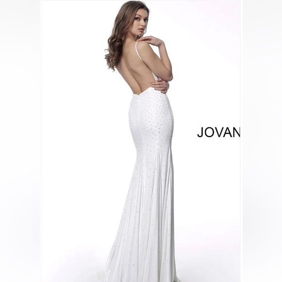 Jovani white Rhinestones Embellished V-Neck Evening Gown Pageant wedding Dress 6 - Picture 2 of 16